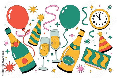 Festive celebration with champagne, balloons, and party hats, perfect for New Year's or special occasions.