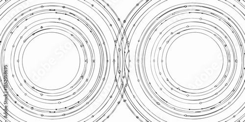 Abstract illustration of concentric circles and swirling lines in monochrome
