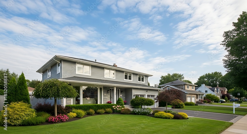 Fototapeta premium Beautiful victorian home with lush green landscaping and blue sky on a sunny day