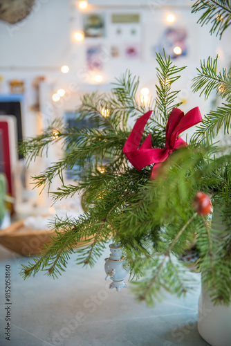 Spruce branches decorated with New Year and Christmas decorations