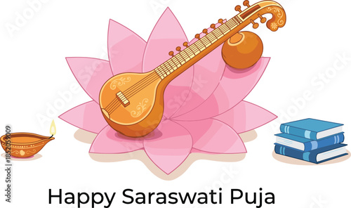 Happy Saraswati Puja Greeting Card with Veena on Pink Lotus, Books and Diya, CAD Drawing Flat Vector Illustration for Vasant Panchami Festival