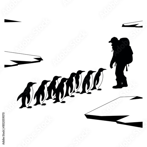 Walking on Antarctic Ice Adventurer with Group of Penguins in Black Silhouette Style Flat Vector Illustration Isolated on White Background