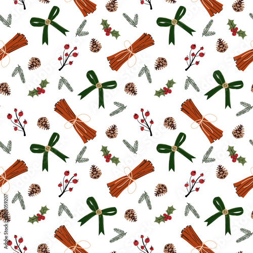 Festive repeating background featuring cinnamon bundles tied with string, holly leaves with red berries, pine cones, spruce branches, and green bows. Ideal for Christmas gift wrapping paper, winter