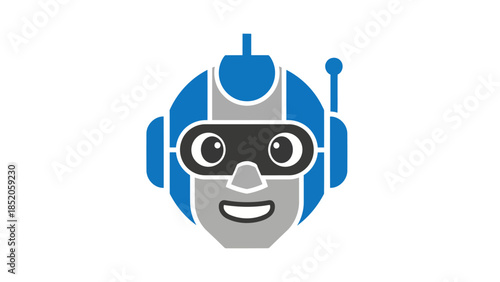 A cheerful and modern blue and grey robotic head, symbolizing artificial intelligence and advanced technology for digital solutions and helpful automation