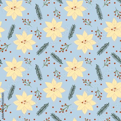 Christmas seamless pattern with cream poinsettia flowers, pine branches and red berries. Elegant festive floral texture for gift wrap, greeting cards, fabric, winter holiday packaging and digital