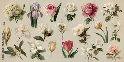 Vintage botanical illustration of various flowers