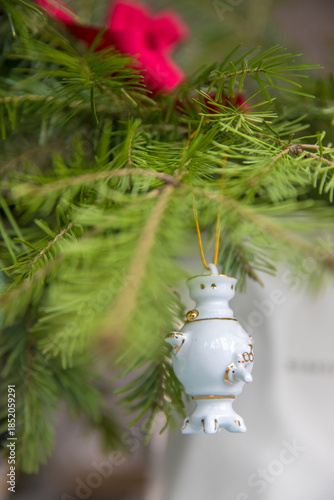 Spruce branches decorated with New Year and Christmas decorations