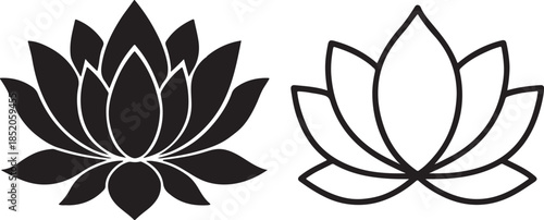 Lotus flower vector icons. Black silhouette and thin line art versions of a blooming lotus. Minimalist floral design elements isolated on white for wellness and yoga branding