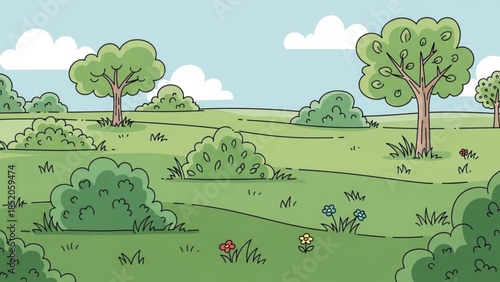 Vibrant cartoon landscape with rolling green hills trees and flowers perfect for childrens books and nature-themed designs