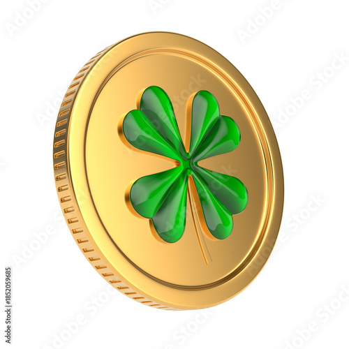 Golden coin with clover on white background. Isolated 3D illustration
