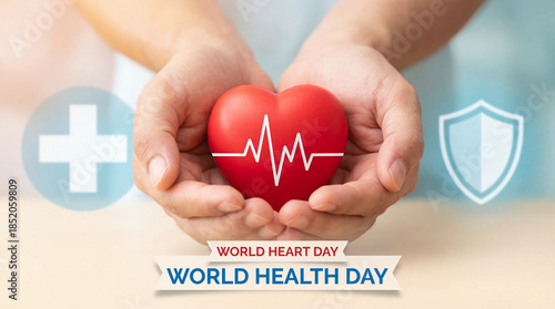 Hands holding red heart with heartbeat line for World Heart Day and World Health Day. Medical health insurance, cardiology care and life protection concept with shield and cross icons background