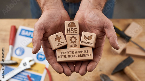 Industrial worker hands holding wooden blocks with HSE Health Safety Environment text. Preventing workplace deaths, injuries and illnesses concept on construction tools background