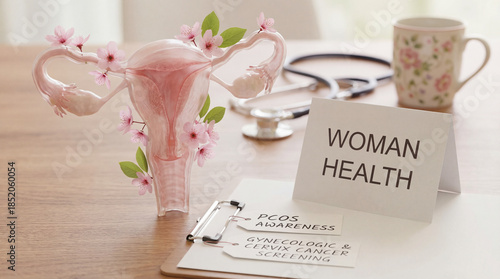 Uterus anatomy model with pink flowers and Woman Health text card on doctor desk. PCOS awareness, gynecologic and cervix cancer screening tags. Female reproductive system checkup medical concept