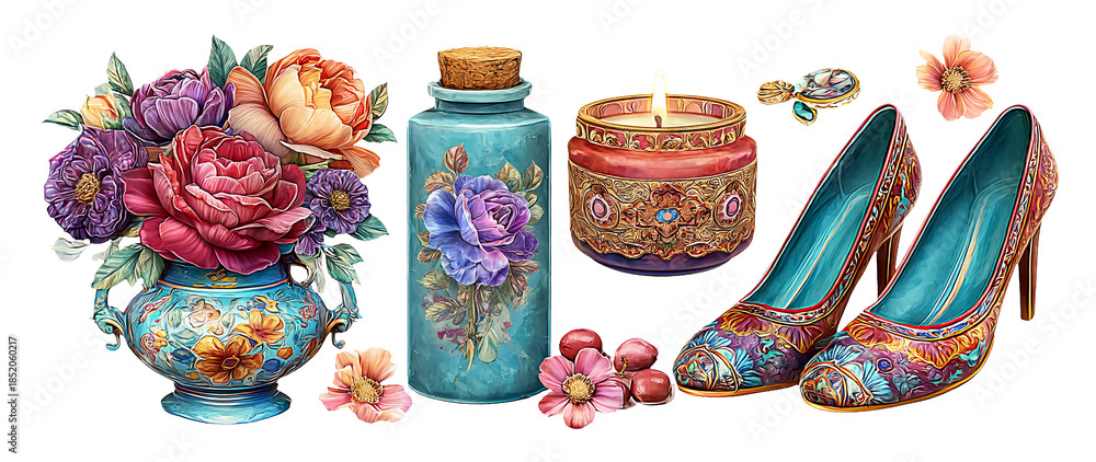 Fototapeta premium Elegant 3D Illustration of Colorful Floral Arrangement with Decorative Items