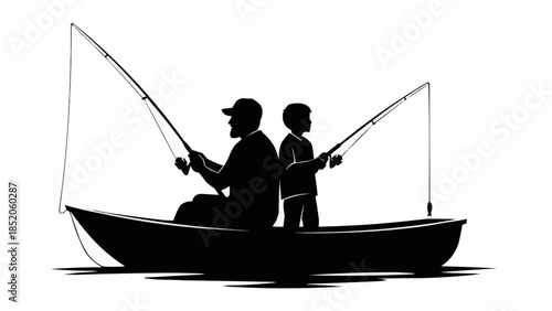 Father and Son Fishing Together in a Boat Silhouette.