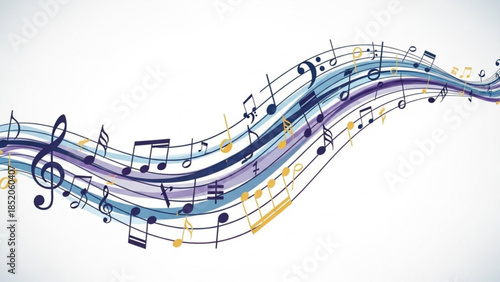 Wavy musical staff with notes and clefs flowing abstract illustration for music and sound concepts isolated on white background