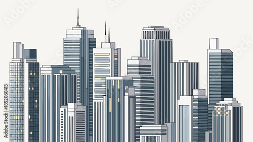 Modern Cityscape Skyline with Diverse Skyscrapers and Buildings.