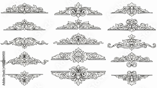 Collection of Ornate Decorative Flourishes and Borders in Black and White.