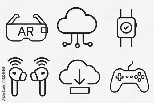 Modern technology line icons. Minimalist vector set featuring AR glasses, cloud computing, smartwatch, wireless earbuds, and a gaming controller. Ideal for digital and tech branding
