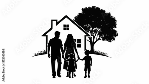 Silhouette of a happy family walking towards their new home.