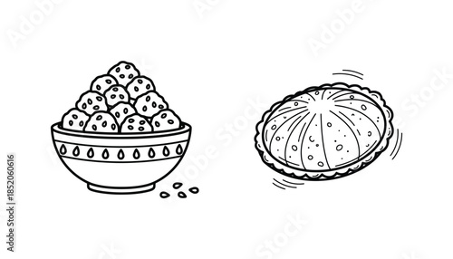 Black and white drawing of a bowl of dates and one date