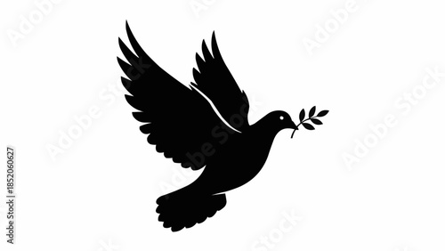 Silhouette of a Dove Carrying an Olive Branch in Flight.