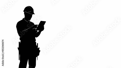 Silhouette of a construction worker using a tablet computer on a white background.