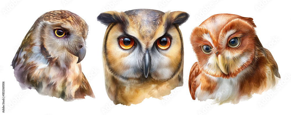 Fototapeta premium Expressive Watercolor Illustrations of Three Unique Owl Species in Detail
