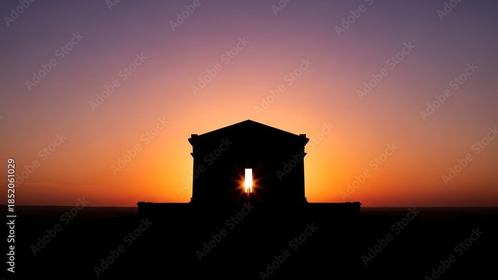 Obraz premium The silhouette of a building against a vibrant sunset sky with a warm orange and purple hue. The structure is a classical architectural style with a pointed roof and arched entrance. 