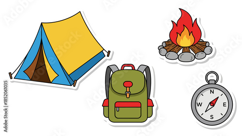 Vibrant collection of cartoon camping essentials stickers, featuring a sturdy tent, versatile backpack, warming campfire, and classic compass, perfect for outdoor adventure and travel themes