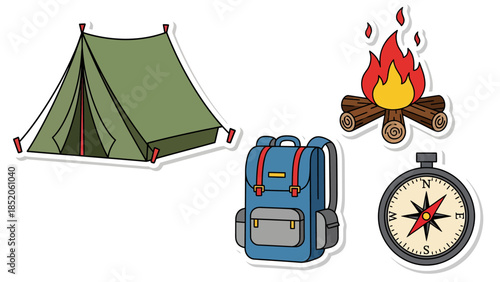 Essential outdoor adventure gear illustrations camping tent, campfire, backpack, and compass. Perfect for hiking, nature exploration, wilderness expeditions