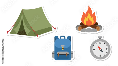 Essential camping and outdoor adventure sticker icons. Features a green tent, warm bonfire, blue backpack, and reliable compass for nature exploration graphics