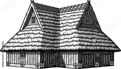 Thatched roof house, rustic architecture, black and white, traditional building, folk design, vintage illustration, editable vector, countryside, heritage style