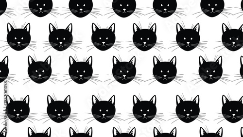 Black cat face icons, stylized feline design, whisker patterns, minimal illustration, vector art, animal graphics, editable layout, pet symbol