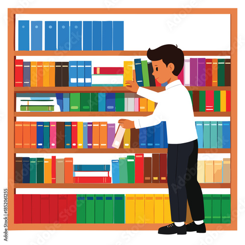 Man standing in front bookshelf holding book.