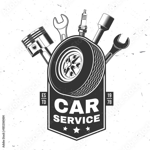 Auto service logo, emblems, badges and icons. Vector. For expert service car repair center, restoration and car club with automobile tools piston, wrench, truck tire and spark plug silhouette