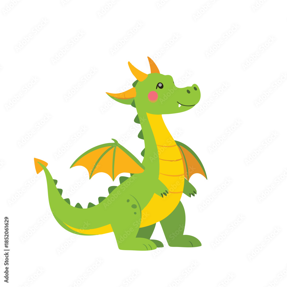 Fototapeta premium Smiling green cartoon dragon creature standing.