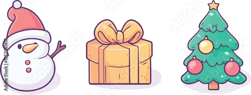 Happy cartoon rabbit with a carrot inside a red Christmas gift box featuring a gold ribbon and bow for a festive holiday celebration surprise vector illustration