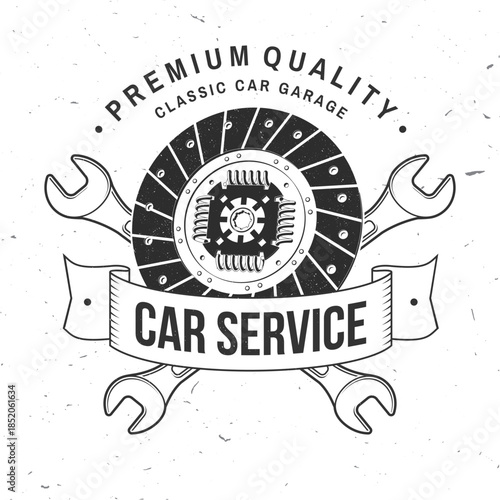 Auto service logo, emblems, badges and icons. Vector. For expert service car repair center, restoration and car club with wrench and vehicle clutch silhouette