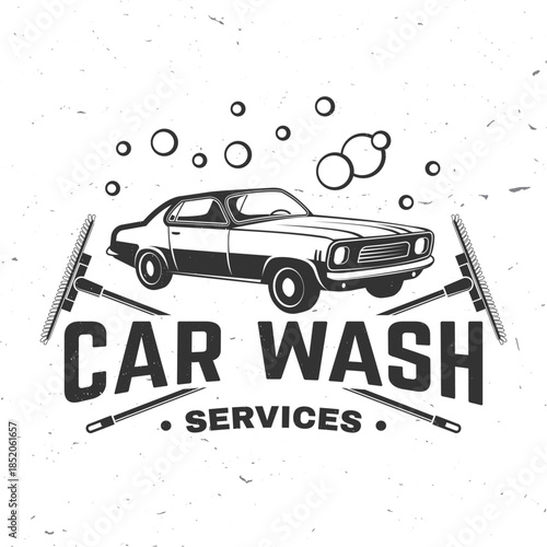 Car wash logo, emblems, badges and icons. Vector. Template for car wash logo, cleaning car, washing and service with bubbles and retro car.