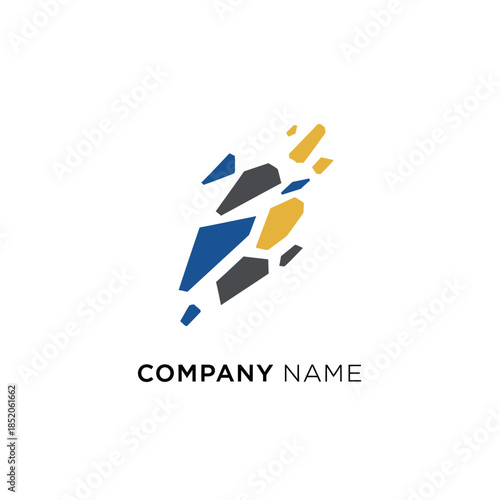 Abstract Geometric Logo Design with Blue, Yellow, and Gray Fragments.