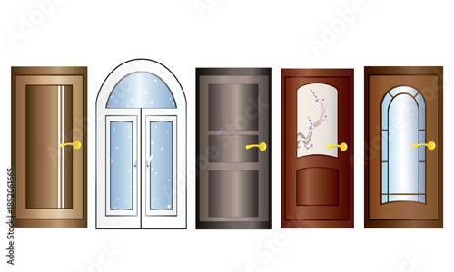 Set of multicolored doors with gold doorknobs on a white background