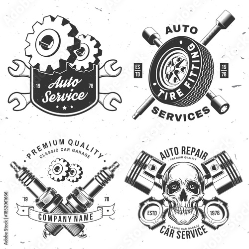 Auto service logo, emblems, badges and icons. Vector. For expert service car repair center, restoration and car club with wrench, gears, spark plug, skull, automobile tools pistons silhouette