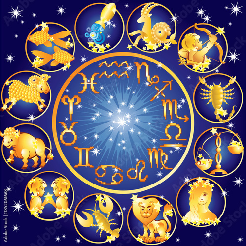 Twelve golden zodiac symbols on a blue background