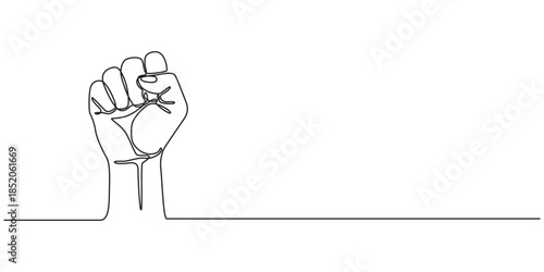 fist upwards one continuous line art. outline border frame, Continuous line hand clenched fist.one line drawing of hand clenched fist upwards, Fist upwards one continuous line art. outline border.