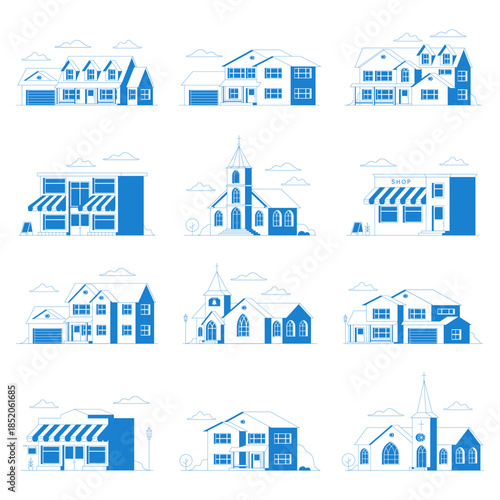 Set of house, church, store building flat icon. For web design and application interface, also useful for infographics. Family house, church, store building icon isolated on white background