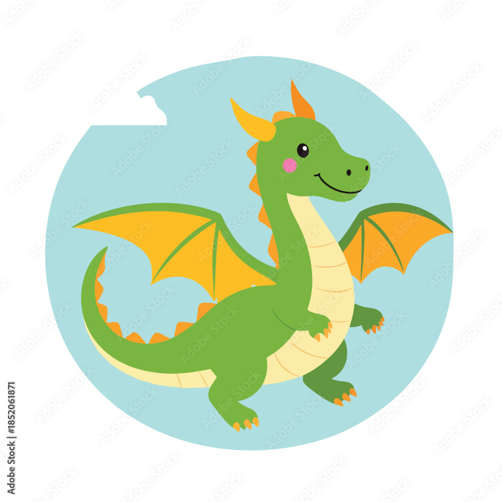 Obraz premium Smiling green dragon with orange wings.