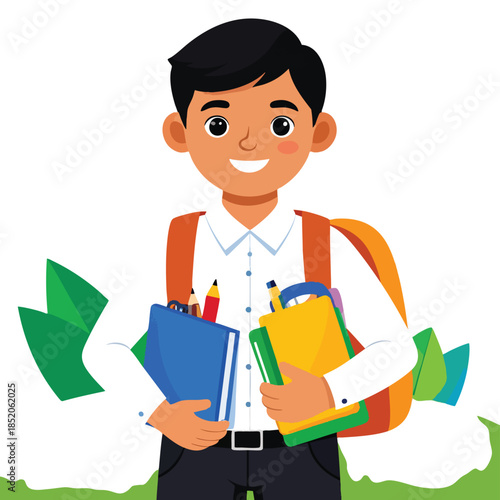 Smiling schoolboy with books and backpack.