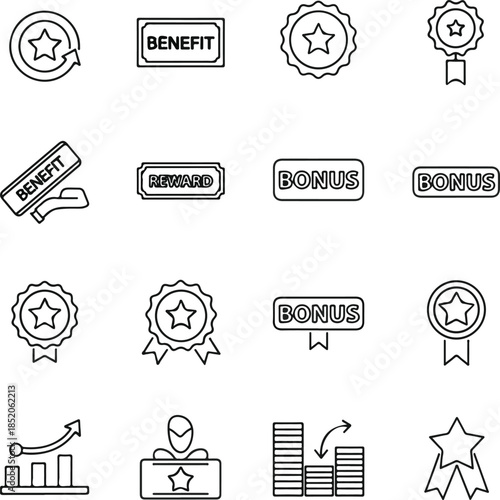 Employee Reward and Loyalty Program Icon Set - Editable Stroke Line Art for Business Benefits, Bonuses, and Achievement Awards
