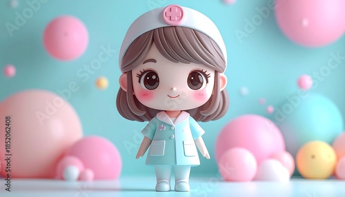 Charming 3D illustration of a cute chibi nurse character in a soft pastel world, embodying gentle healthcare